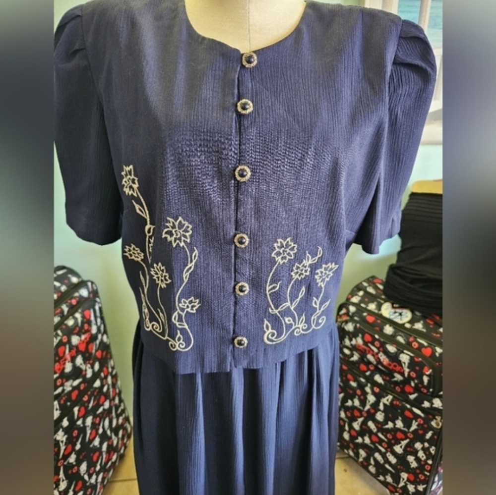 Navy Floral-Embroidered Women’s Dress